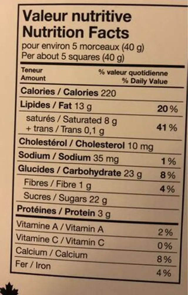 Chocolat au lait fin nutrition facts table