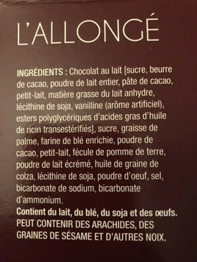 L'allongé ingredients label