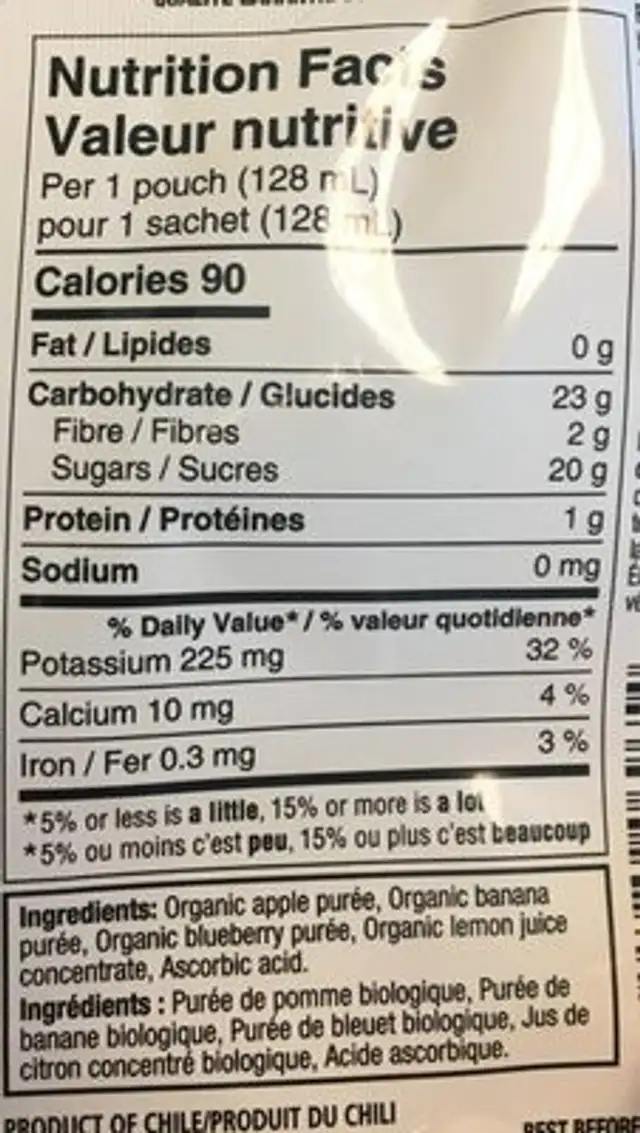 Pomme banane bleut nutrition facts table
