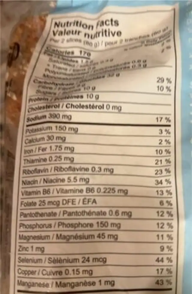 Sprouted power nutrition facts table