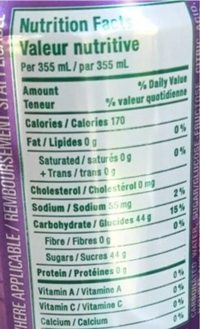 Crush Grape Raisin nutrition facts table
