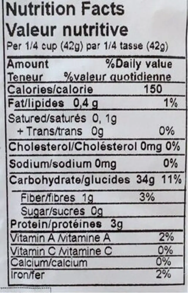 Polenta nutrition facts table