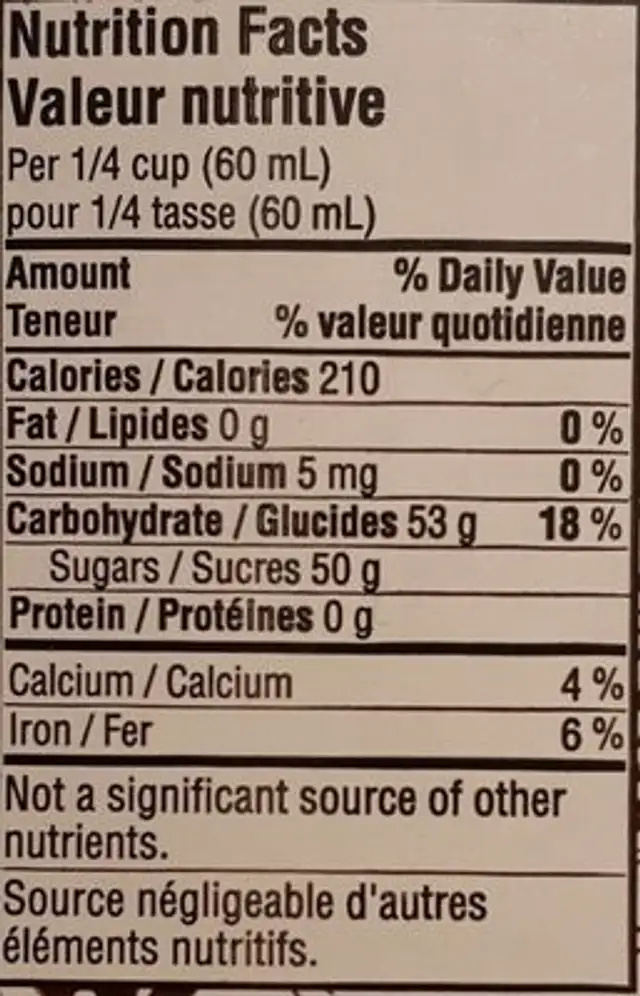 Mountain Maples Syrup nutrition facts table