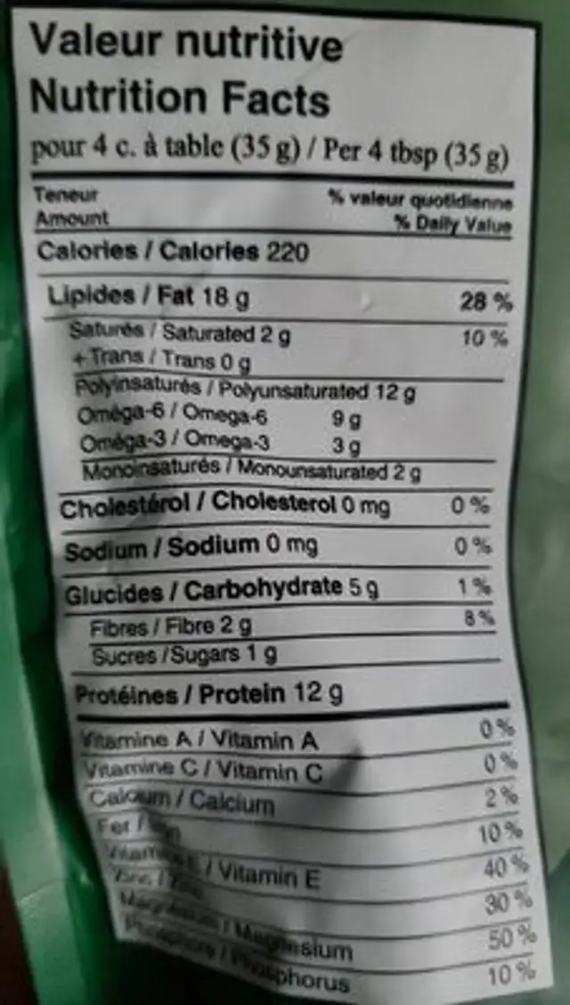 Chanvre écalé biologique cru nutrition facts table