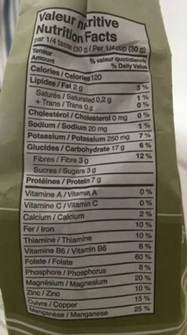 Farine de pois chiches nutrition facts table
