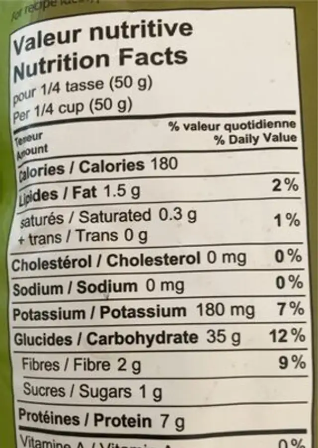 Sarasin entier blanc cru biologique nutrition facts table