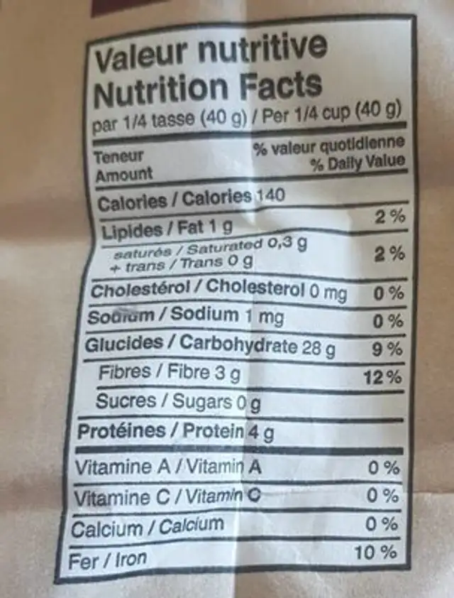 Farine Grise de sarrasin biologique nutrition facts table