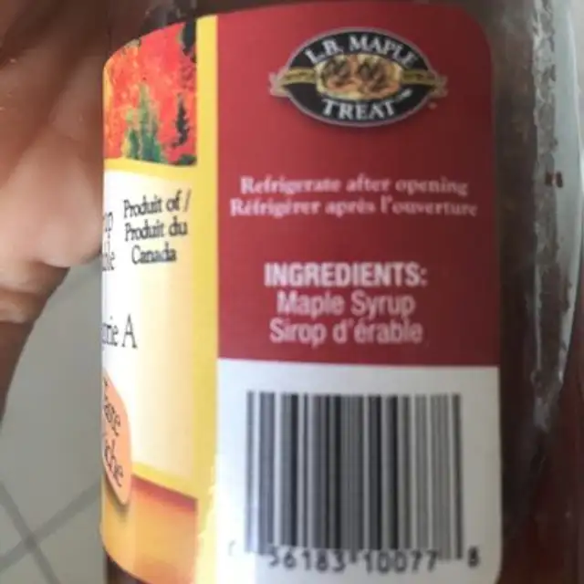 Sirop d'érable ingredients label