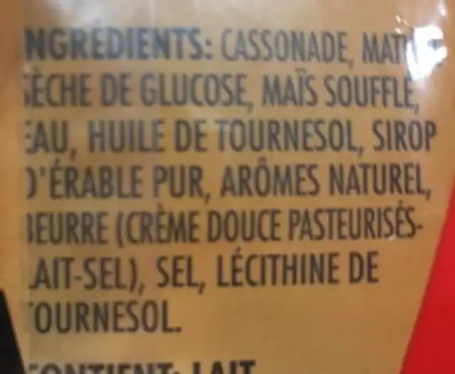Maïs soufflé Maple Treat ingredients label