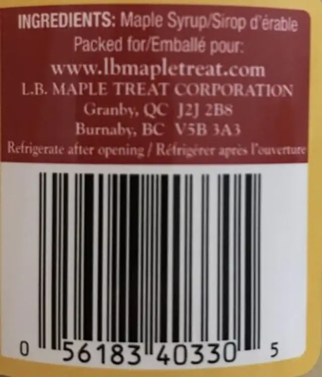 Maple Butter ingredients label