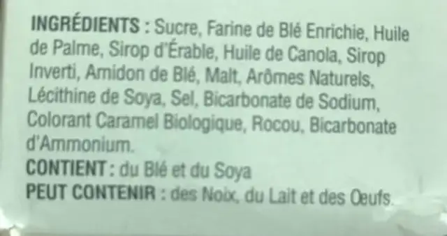 Maple Syrup Creme Cookies ingredients label