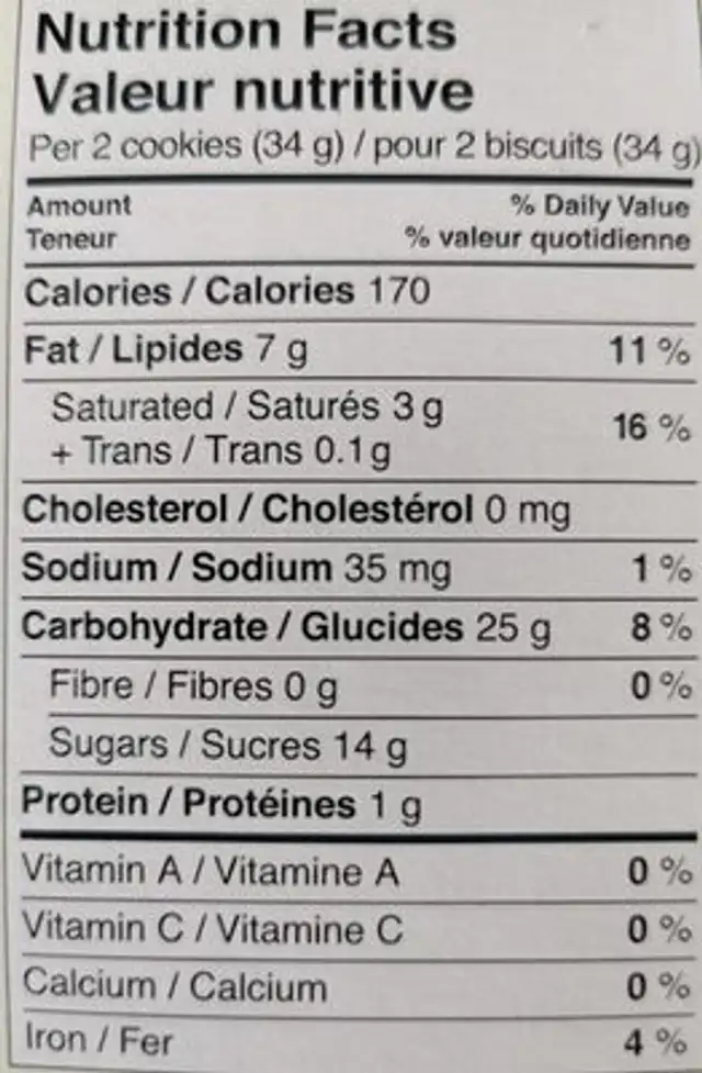 Biscuit à la crème au sirop d'érable nutrition facts table