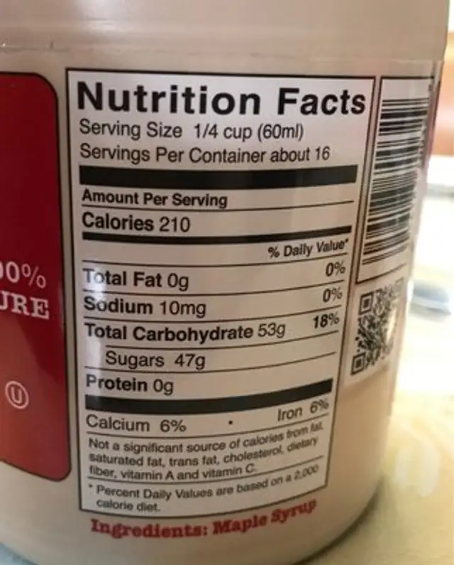 Maple Syrup, US Grade A Dark Amber ingredients label
