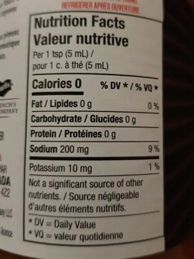 Frank's RedHot Xtra Hot nutrition facts table