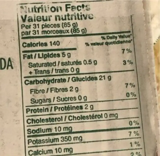 Frites nutrition facts table