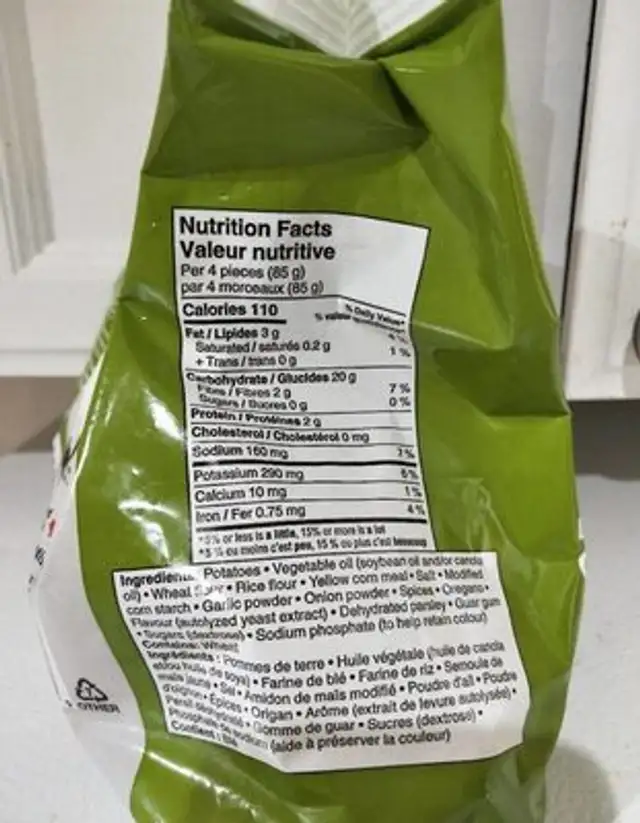 Pommes de terre coupées ail et oignon nutrition facts table