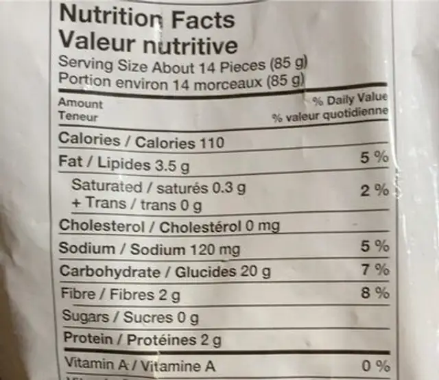 French Fries nutrition facts table