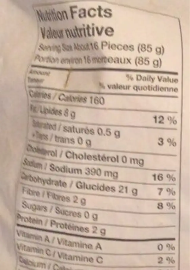 FlavourCrisp nutrition facts table