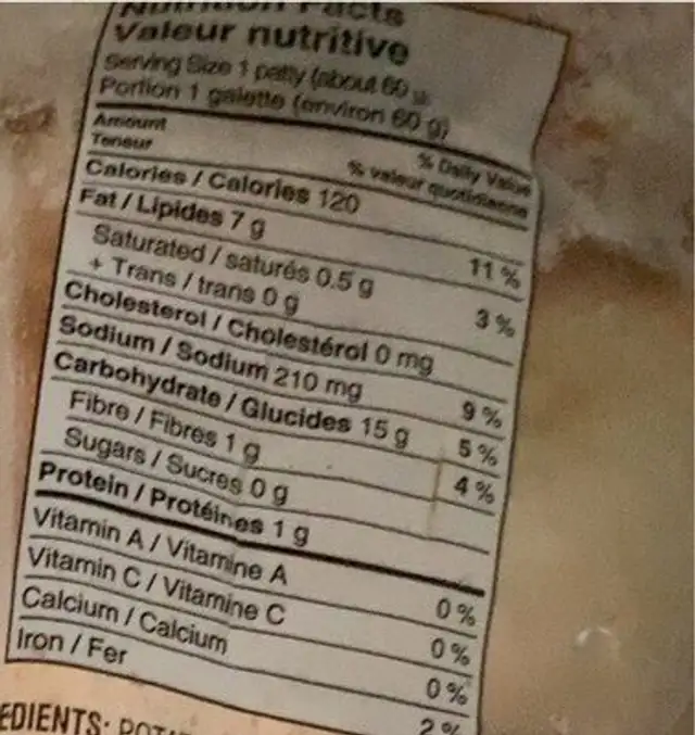 Galettes de pommes de terre frites congelées nutrition facts table