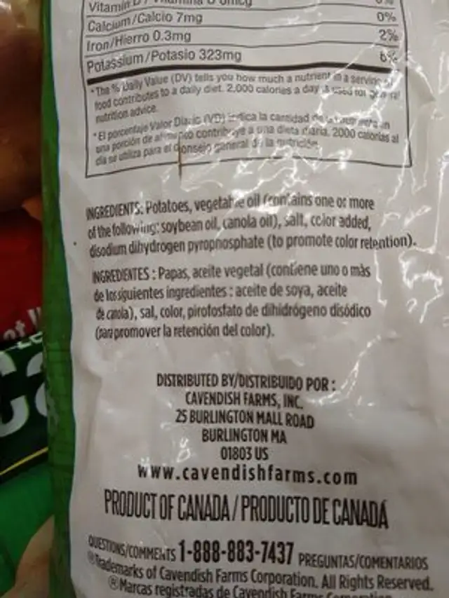 Papas fritas ingredients label