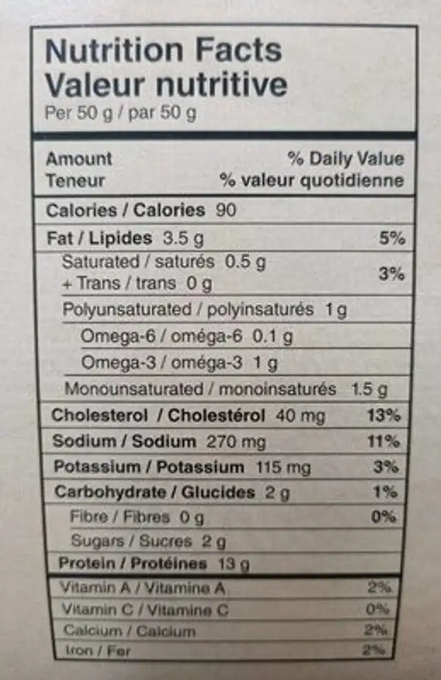 Saumon sauvage fumé glacé à l'érable nutrition facts table