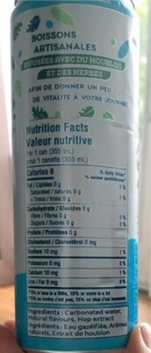 Eau pétillante infusée nutrition facts table