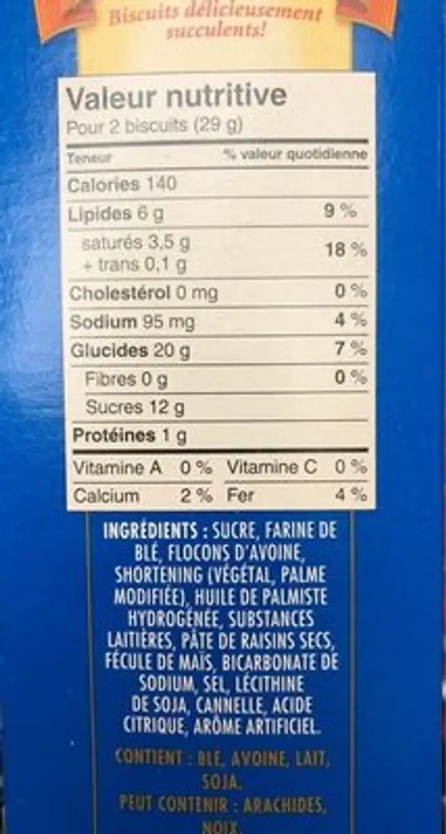 David's Iced Oatmeal Cookies nutrition facts table