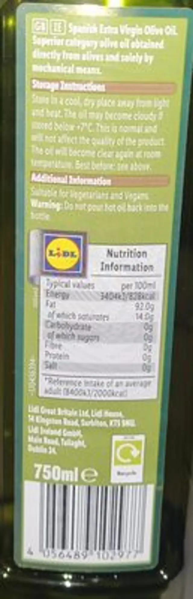 Extra Virgin Olive Oil ingredients label