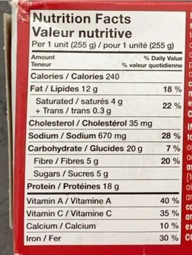 Chili au bœuf nutrition facts table