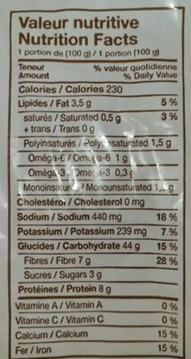 Pain à 100% de blé entier nutrition facts table