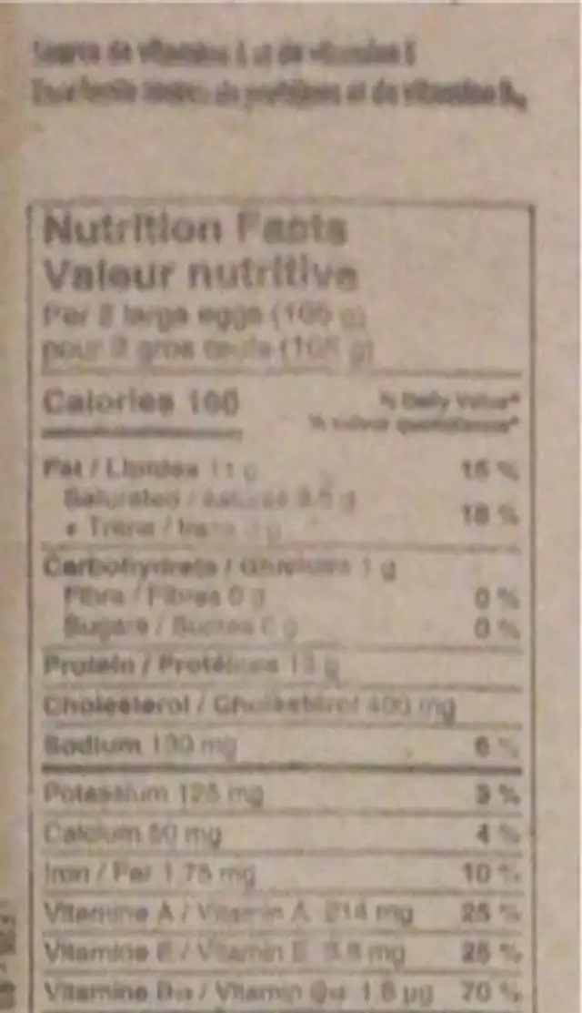 Organic eggs nutrition facts table