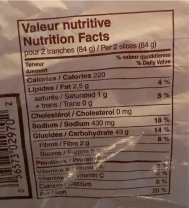 Pain blanc enrichi nutrition facts table