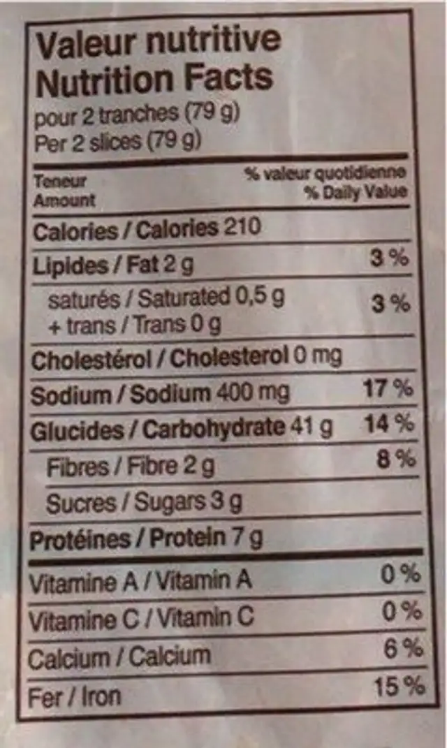 Pain blanc style italien nutrition facts table