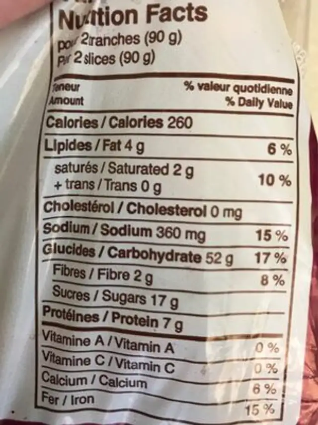 Pains Raisin Cannelle nutrition facts table