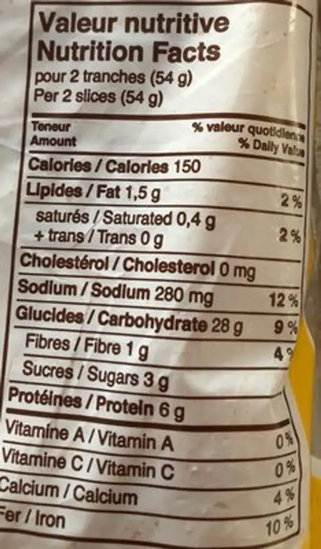 Moelleux nutrition facts table