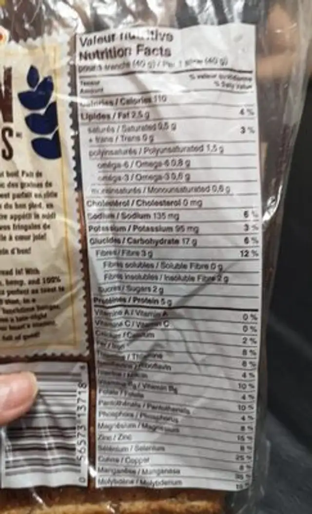 Pleins de grains chanvre et tournesol nutrition facts table
