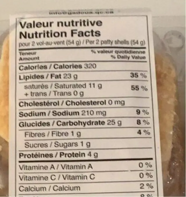 Vol-au-vent nutrition facts table