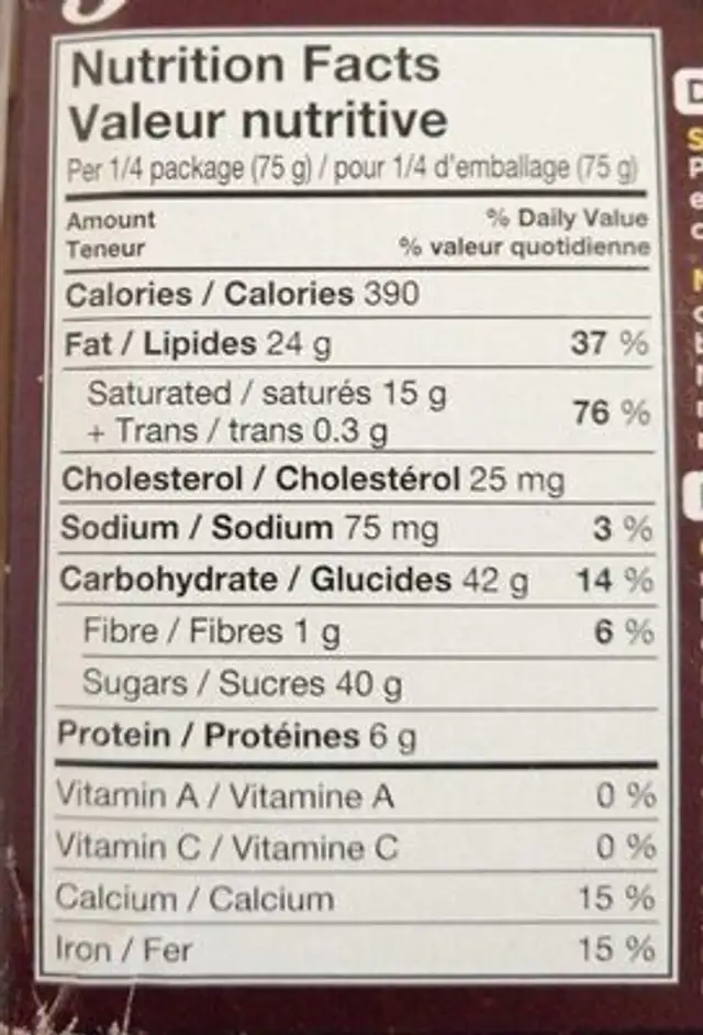 Chocolat Pour Fondue nutrition facts table