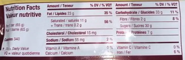 Barre chocolat au lait et amandes nutrition facts table