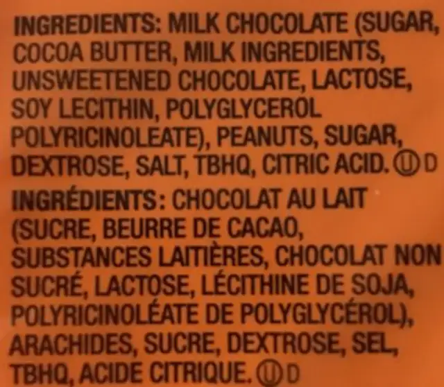 Hershey's Reese Snack Size Peanut Butter Cups Candy ingredients label