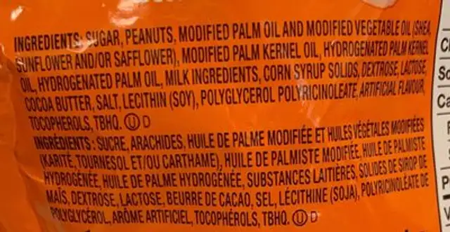 Reese white minis blancs ingredients label