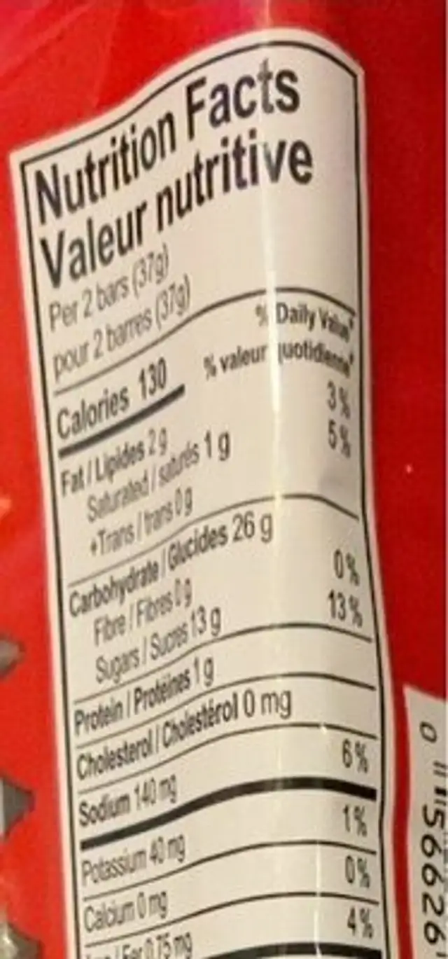 StrawBerry Bars nutrition facts table