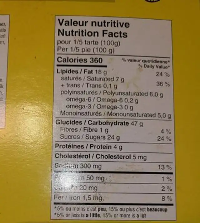 Tarte a saveur de citron nutrition facts table