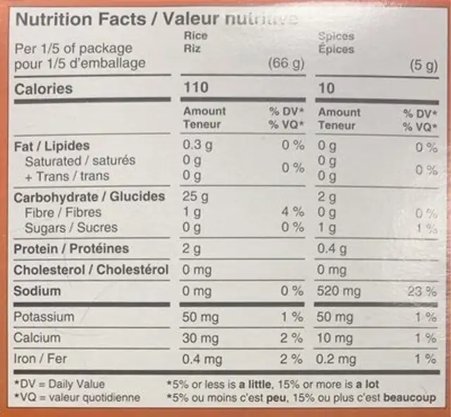 Riz a l’espagnole nutrition facts table