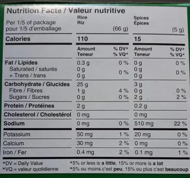 Riz en conserve Primavera nutrition facts table