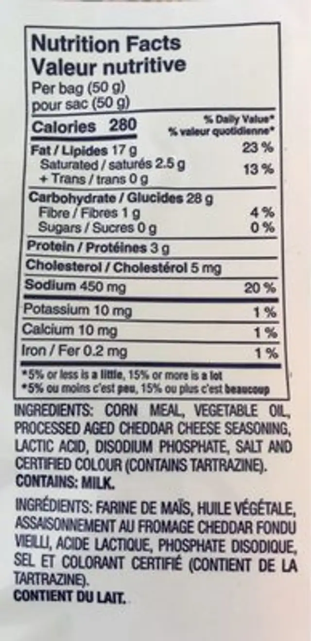Cheezies ingredients label