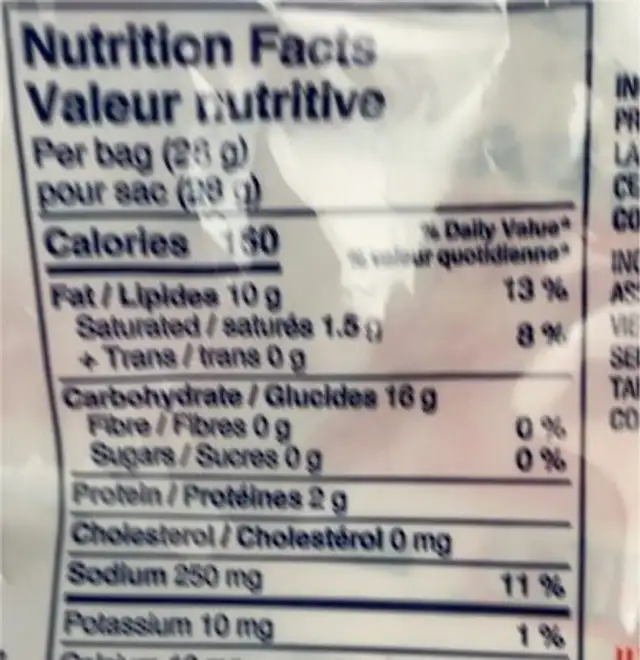 Cheezies nutrition facts table