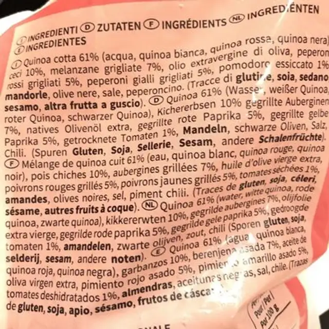 Insalata Quinoa ingredients label