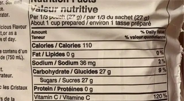 Flavoured peach crystals nutrition facts table
