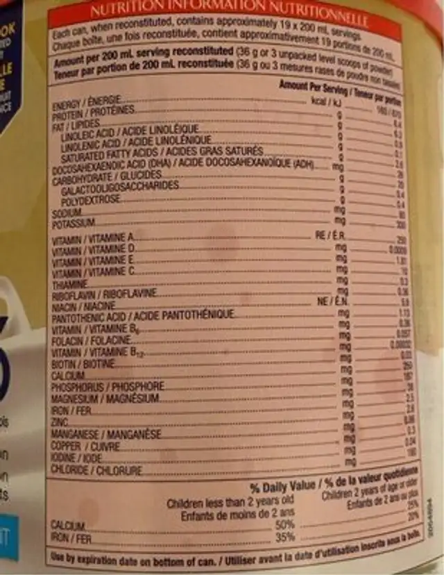A  Toddler Tout-petits nutrition facts table